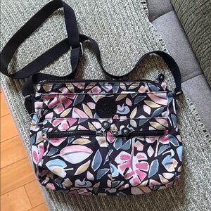 Kipling Black Crossbody with Pink Blue and Cream Floral Print